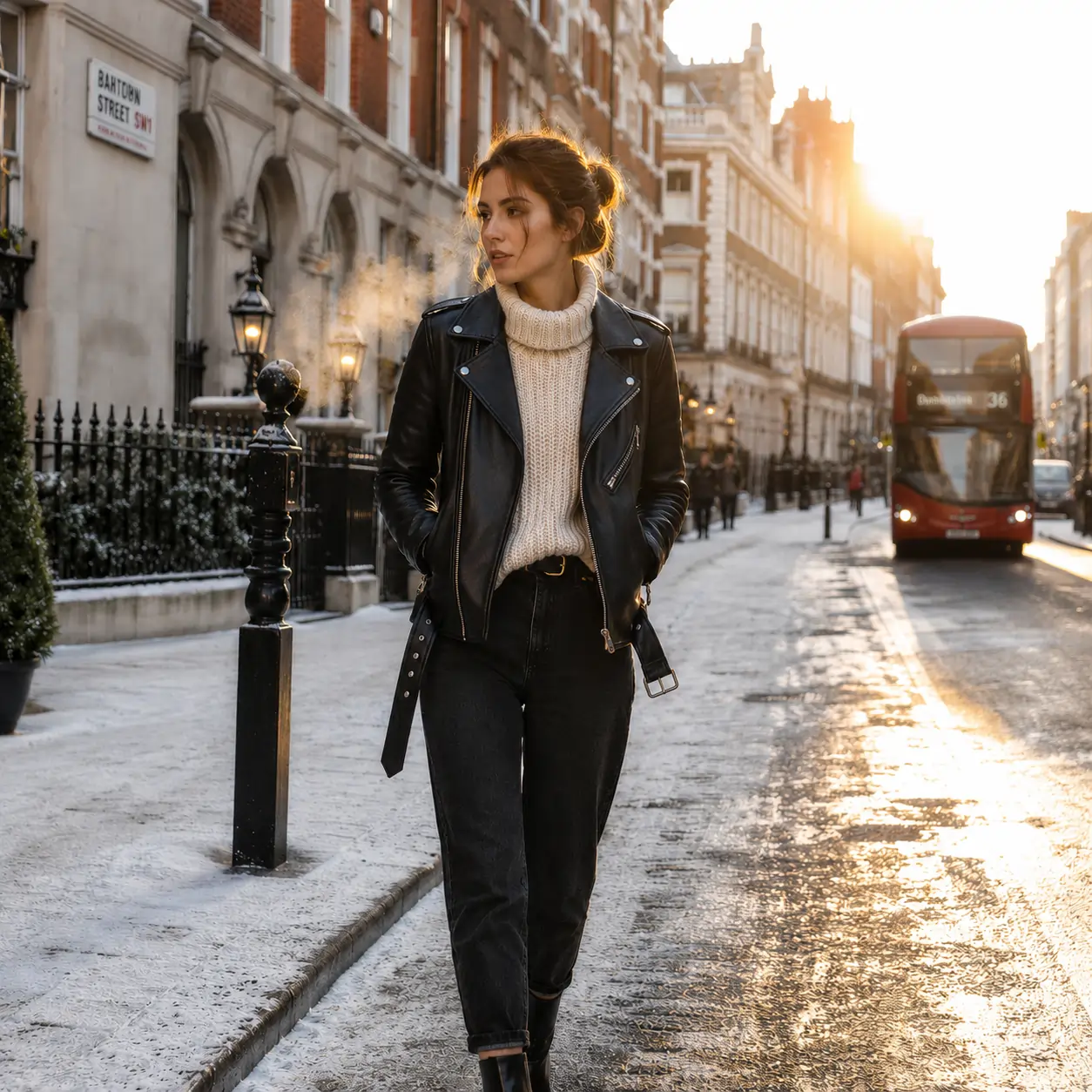 Model wearing a leather jacket layered over a knit sweater on a cold city street